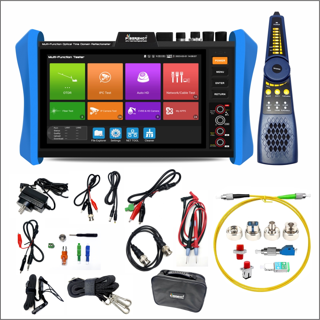 FIBERSHOT Multi-Function C8 Pro OTDR Tester | Fiber Optic, Copper Cable (LTDR) & CCTV Network Analyzer with RJ45 TDR, Dual GbE & SFP | HDMI/VGA in | PoE++ Test | Android, DMM, PDF/EXCEL Reports